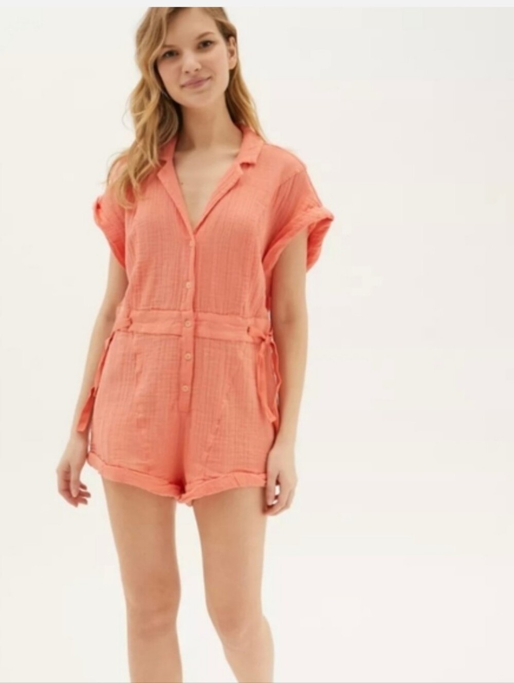 Urban Outfitters Orange Short Sleeve Tie-Waist 100% Cotton Romper Summer Vacay M